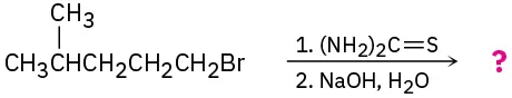 1-bromo-4-methylpentane reacts with thiourea, then sodium hydroxide and water to form an unknown product(s), depicted by a question mark.