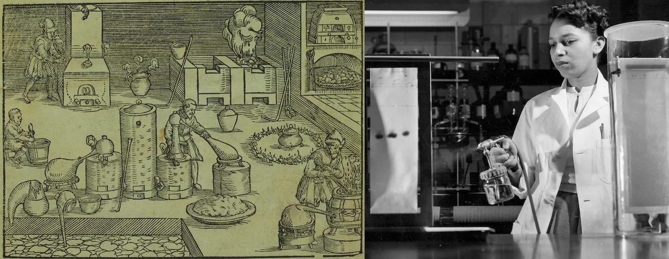 A sketch depicts 4 people stirring and handling chemicals. The chemicals are held in a variety of barrels and large cylinders. Several of the containers are being heated over burning embers. A large stove in the laboratory is filled with burning embers. There is also a large chest in the corner that is producing steam.