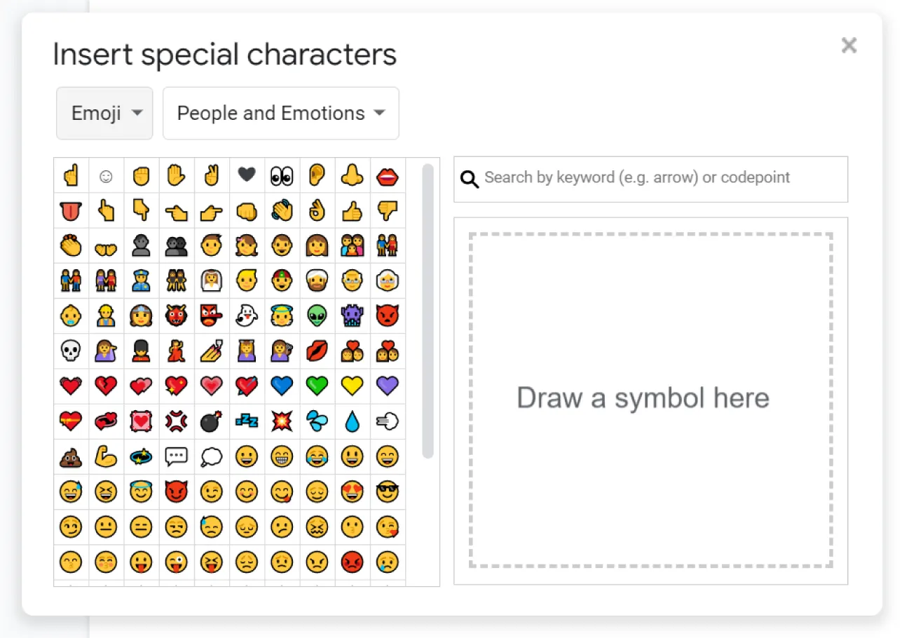 Insert special characters window opens to tabs for Emoji and People and Emotions with a pane of images beneath. A search bar and window with Draw a symbol here are visible.