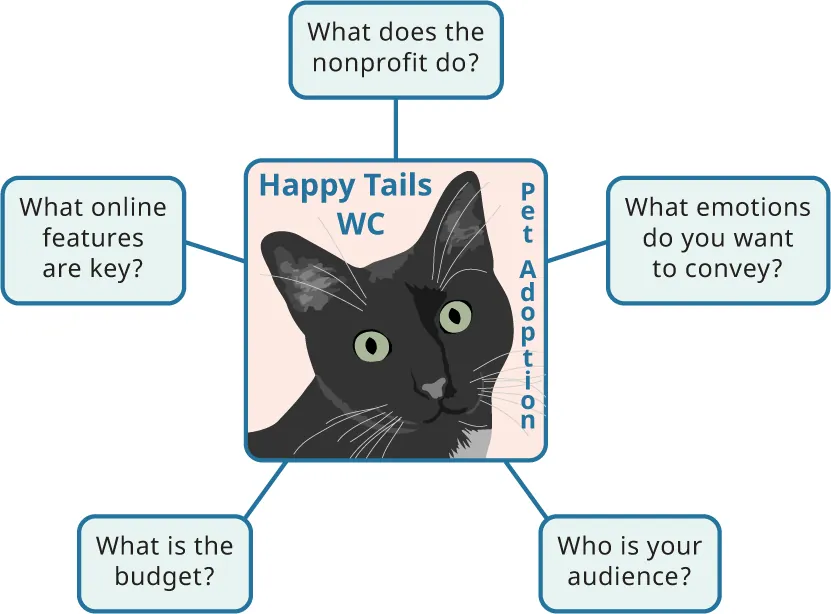 Cat image connected to boxes that read: What does the nonprofit do?; What emotions do you want to covey?; Who is your audience?; What is the budget?; What online features are key?