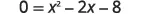 A mathematical equation shows '0 = x^2 - 2x - 8' against a white background.