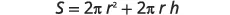 A mathematical formula is displayed: S = 2πr² + 2πrh, representing the surface area of a cylinder with radius 'r' and height 'h'.