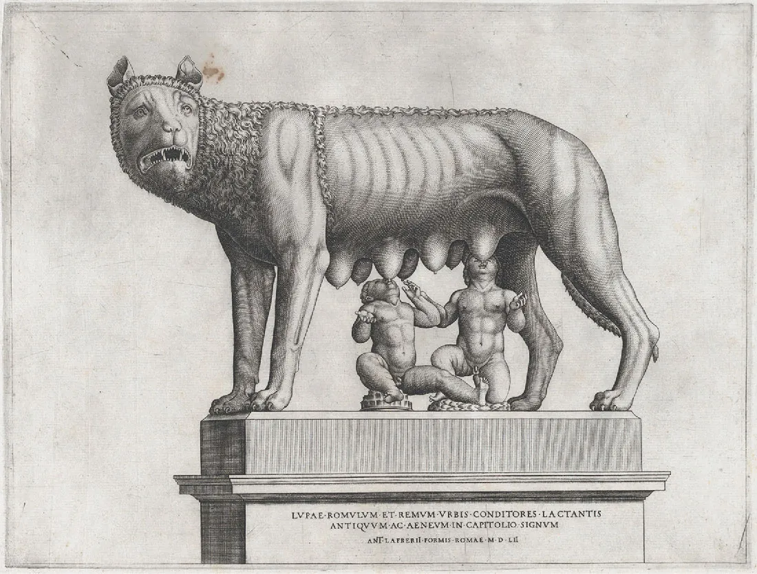 An image of a drawing is shown. The drawing is black on a faded cream-colored background. In the image a four-pawed animal is standing on a tall pedestal with a vertical striped top layer and a ridge below. The bottom is plain and has lettering in three rows. First row: LVPAE-ROMVLVM-ET-REMVM-VRBIS-CONDITORES-LA CTANTIS. Second row: ANTIQVVM-AC-AENEVM-IN-CAPITOLIO-SIGNVM. Third row: ANT-LAFERIT-FORMIS-ROMAE-M-D-LII. The animal is standing with their body facing left and their face facing forward. A tight curly mane is shown on the animal that also runs down his back in a stripe and in a thin strip behind his front legs. The animal has small eyes, scalloped ears, and shows pointy teeth with longer fangs in a downturned mouth. Ribs show behind the animal’s skin, and it has a long tail. Seven full hanging teats are visible below the animal. Two large and muscular completely naked young boys are shown under the animal with their mouths raised, and each opening toward one of the animal’s teats. One of the boys sits on a round tiered pedestal while the other half kneels on a braided round item. Both have their arms raised up.
