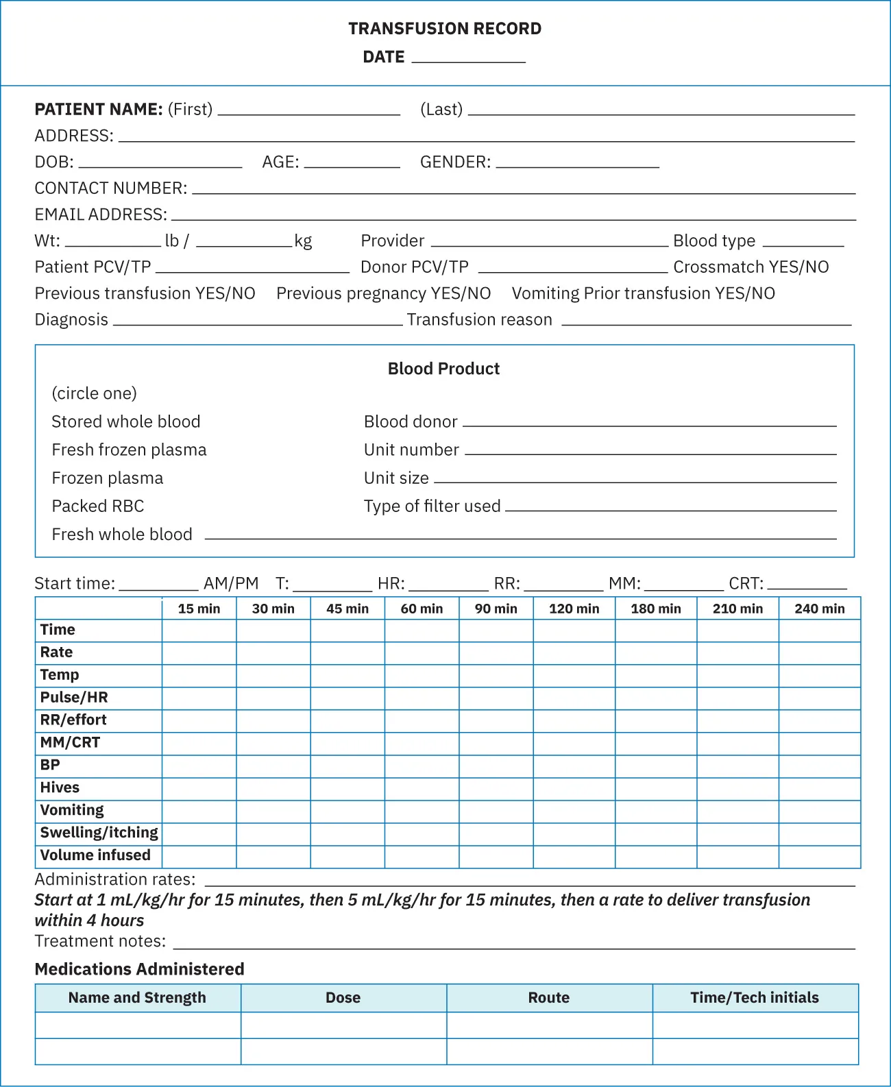 A blank transfusion record is shown.