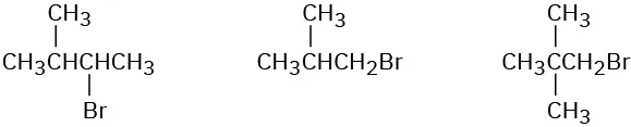Chemical structures of 2-bromo-3-methylbutane, 1-bromo-2-methylpropane, and 1-bromo-2,2-dimethylpropane.