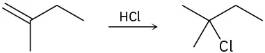 2-methylbut-1-ene reacts with hydrogen chloride to form 2-chloro-2-methylbutane.