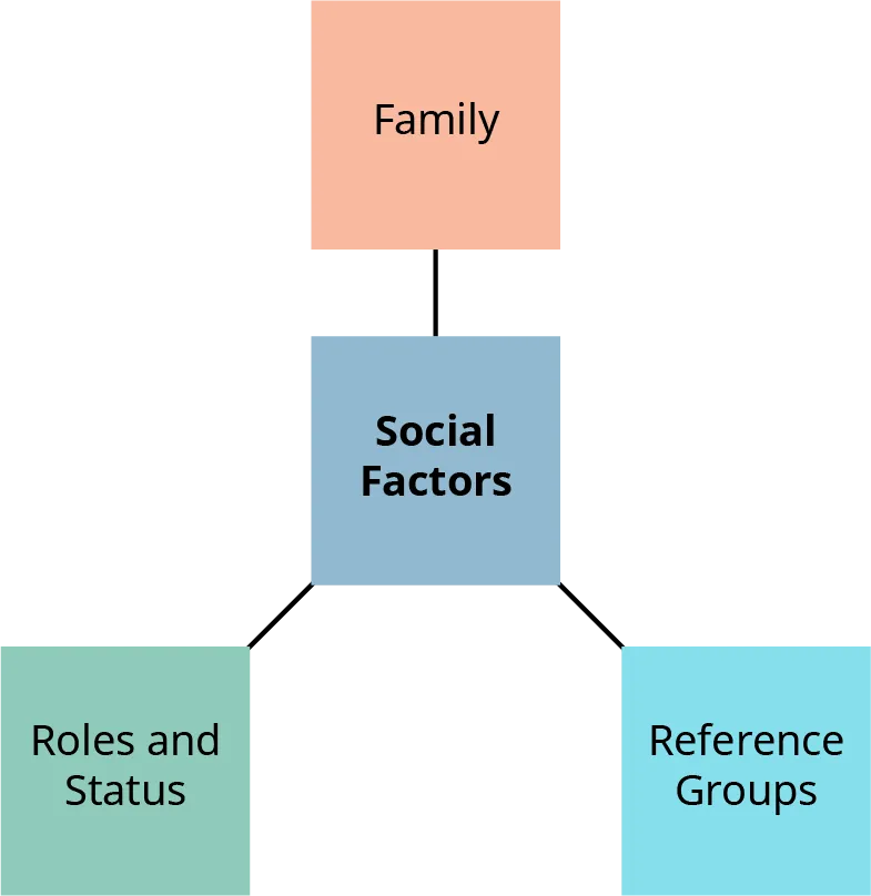 Social factors that influence consumer purchasing behavior are family, reference groups, and roles and status.