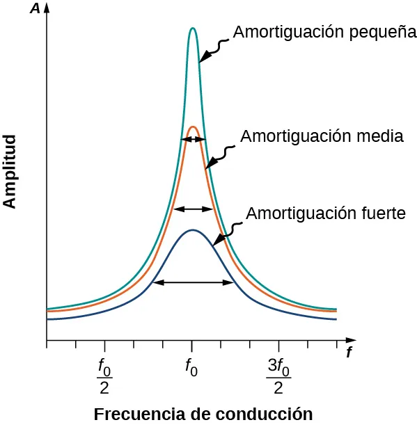 Un gráfico de la amplitud versus la frecuencia de impulso que muestra curvas para amortiguaciones pequeña, media y fuerte. Las frecuencias f sub cero sobre dos, f sub cero y tres f sub cero sobre dos están identificadas en el eje horizontal. Las curvas son simétricas y todas con su máxima amplitud a la frecuencia f sub cero. La curva de amortiguación pequeña tiene el máximo más grande, y la curva de amortiguación pesada tiene el máximo más pequeño. Se indican las anchuras de las curvas a la mitad de su valor máximo. La curva más estrecha es la curva de amortiguación pequeña, la más ancha es la curva de amortiguación fuerte.