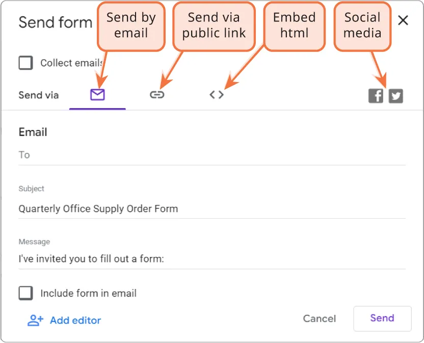 Send form window displays tabs for Send via, along with icons for Send by email, Send via public link, Embed html, and Social media buttons for Facebook and Twitter.