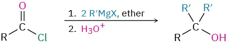 Reaction of an acid chloride with two moles of Grignard reagent in ether followed by treatment with acid to give a tertiary alcohol.