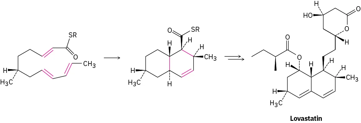 Biological Diels–Alder reaction shows the formation of Lovastatin. The reactant having three double bonds forms an intermediate in which a cyclohexane ring is fused with a cyclohexene ring. It further forms Lovastatin.