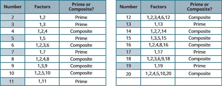 This table has three columns, 19 rows and a header row. The header row labels each column: number, factors and prime or composite. The values in each row are as follows: number 2, factors 1, 2, prime; number 3, factors 1, 3, prime; number 4, factors 1, 2, 4, composite; number 5, factors, 1, 5, prime; number 6, factors 1, 2, 3, 6, composite; number 7, factors 1, 7, prime; number 8, factors 1, 2, 4, 8, composite; number 9, factors 1, 3, 9, composite; number 10, factors 1, 2, 5, 10, composite; number 11, factors 1, 11, prime; number 12, factors 1, 2, 3, 4, 6, 12, composite; number 13, factors 1, 13, prime; number 14, factors 1, 2, 7, 14, composite; number 15, factors 1, 3, 5, 15, composite; number 16, factors 1, 2, 4, 8, 16, composite; number 17, factors 1, 17, prime; number 18, factors 1, 2, 3, 6, 9, 18, composite; number 19, factors 1, 19, prime; number 20, factors 1, 2, 4, 5, 10, 20, composite.