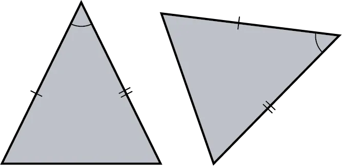 Two triangles. The top angle of the first triangle and the top-right angle of the second triangle are congruent. The left side of the first triangle and the top side of the second triangle are congruent. The right sides of both triangles are congruent.