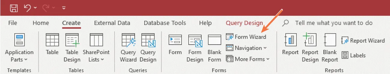 A screenshot of Form Wizard highlighted in the Forms command group of the Create tab in Access.