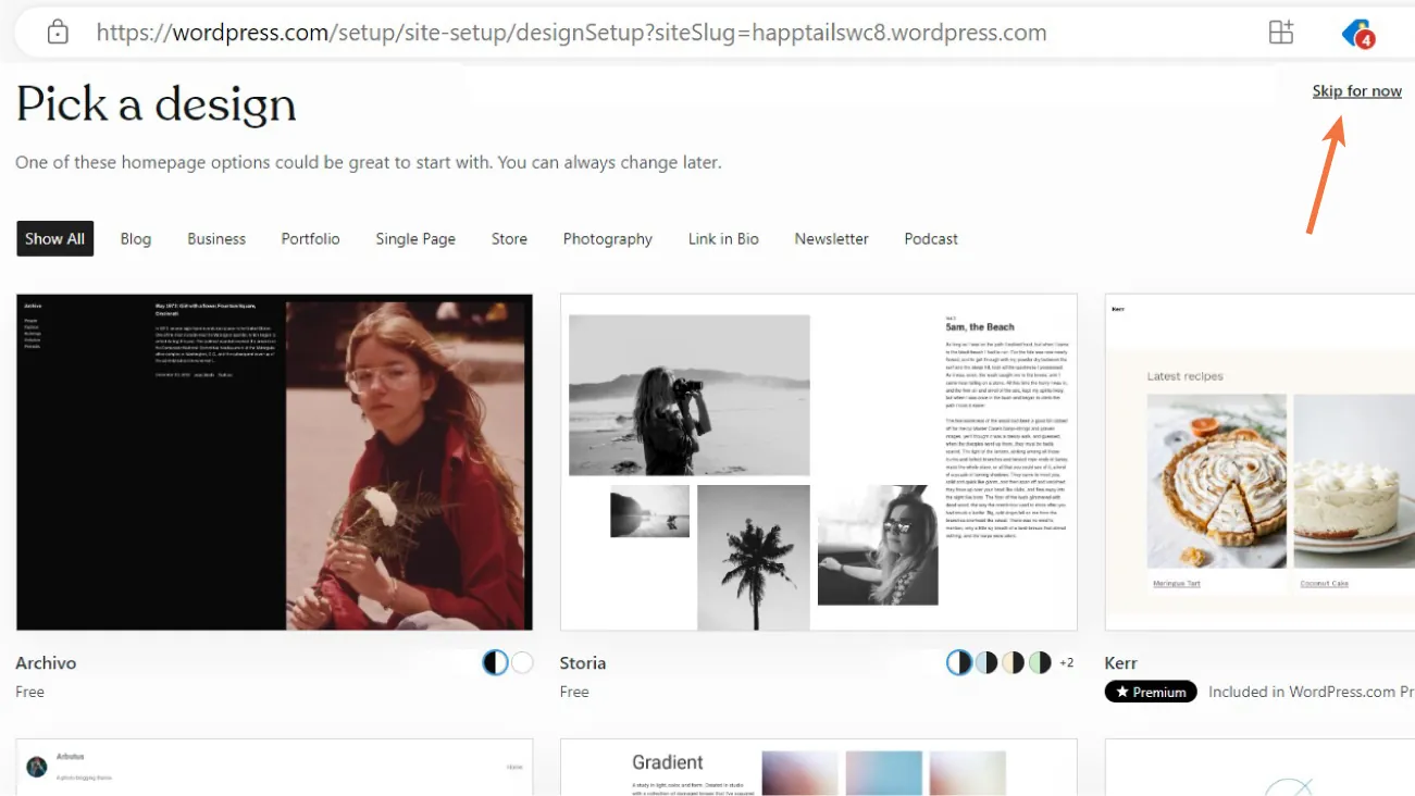 Pick a design page on WordPress displays thumbnails of options for website pages. All tabs is selected.