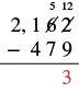 A vertical subtraction problem where 2162 is being subtracted by 479. The image shows the first step of borrowing, where the '2' in the ones place becomes '12' and the '6' in the tens place becomes '5', resulting in '3' for the ones column.