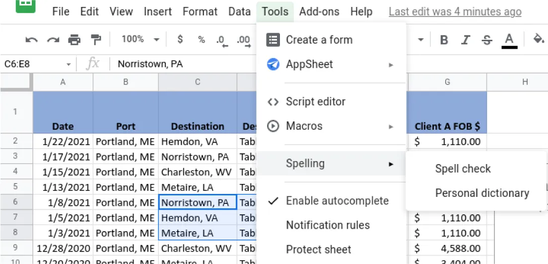 The Tools tab is selected and opens to options for Spelling, which opens to options for Spell check and Personal dictionary.