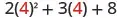 A mathematical expression reads 2(4) squared + 3(4) + 8, with the number 4 highlighted in red each time it appears within the parentheses.