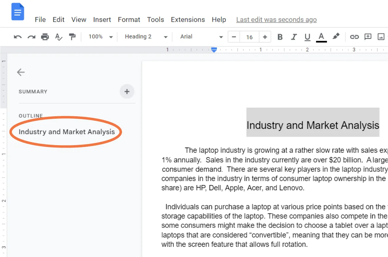 Open pane lists Summary and Outline with Industry and Market Analysis under Outline circled. At document right, Industry and Market Analysis is highlighted gray and in a larger font and bolded.