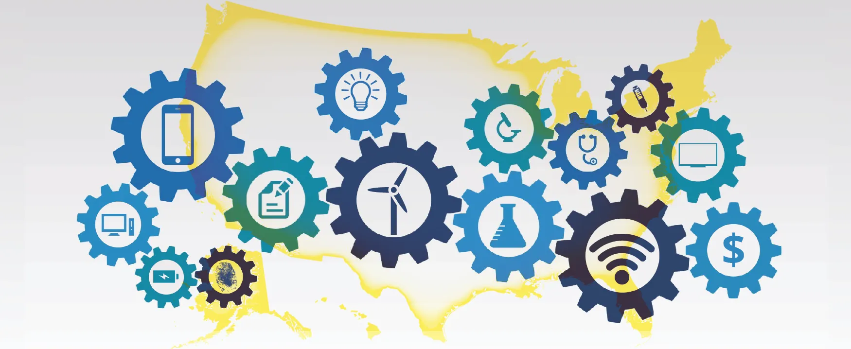 This graphic shows an outline of the United States overlaid with the simple outlines of different sized gears. In the center of the gears are simple icons, including a battery, a computer screen, a cell phone, a paper and pencil, a light bulb, a windmill, a beaker, a stethoscope, a wifi signal, a dollar sign, and a television screen.