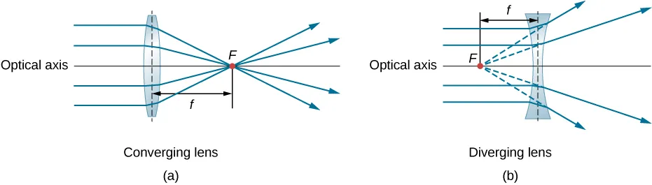 Figure a shows rays parallel to the optical axis striking a bi-convex lens and converging on the other side at point F. Figure b shows rays parallel to the optical axis striking a bi-concave lens and diverging on the other side. The diverging rays are extended at the back and seem to originate from point F in front of the lens. In both figures the distance from the center of the lens to point F is labeled f.
