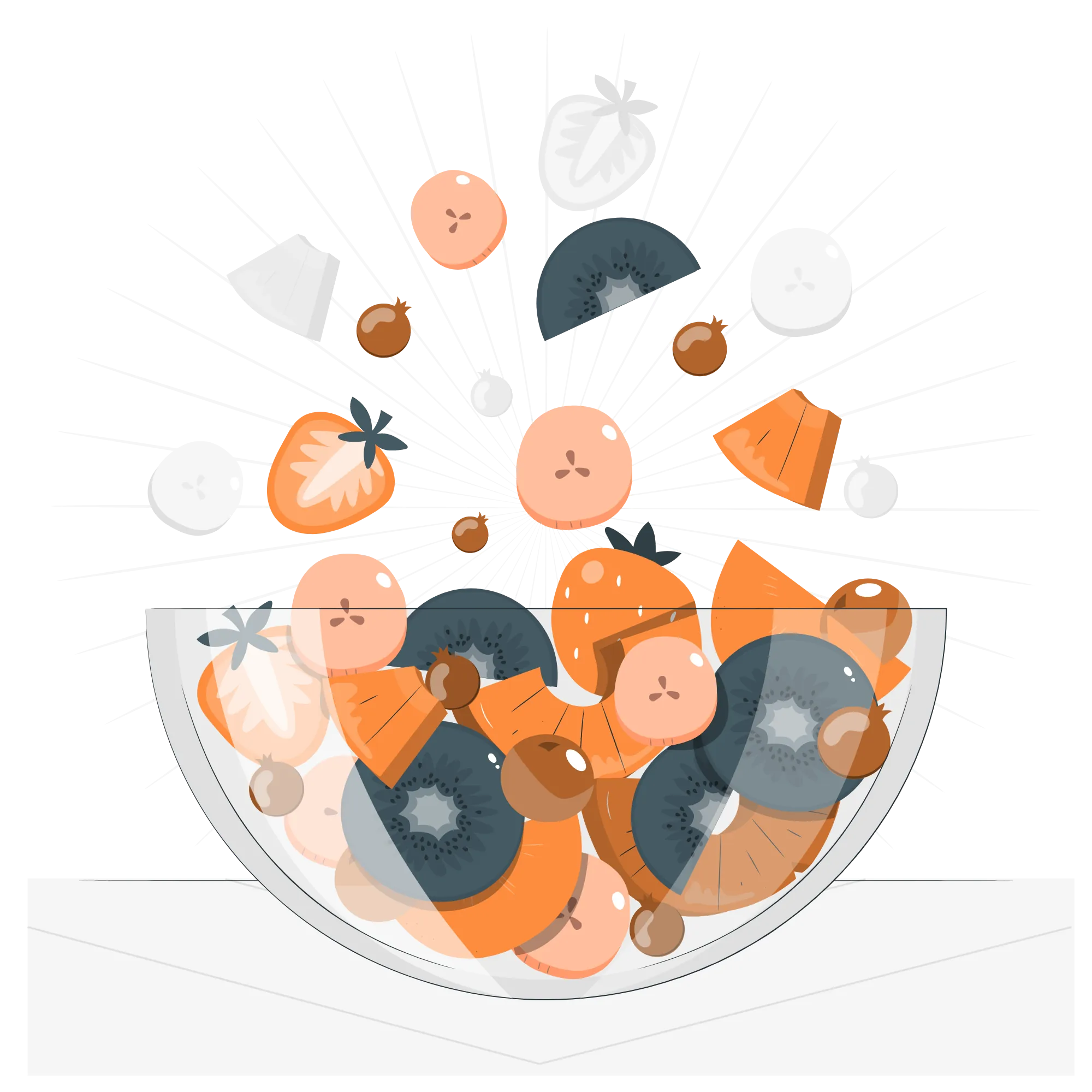 A colorful illustration of a fruit bowl, with slices of berries, kiwis, and citrus fruits bursting out, surrounded by dynamic white lines. Vibrant and joyful.