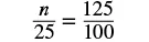 A mathematical equation showing the proportion n/25 = 125/100, where 'n' is an unknown variable. The equation is presented in a clear, digital format on a white background.