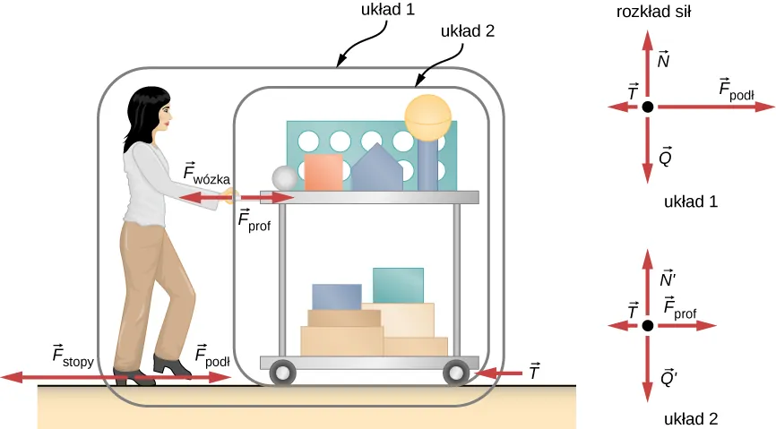 Rysunek przedstawia osobę pchającą wózek ze strony lewej do prawej. Przy stopach tej osoby zaznaczono strzałką siłę F subscript stop skierowaną w lewo natomiast F subscript podł skierowaną w prawo. Siła tarcia T skierowana jest w lewo, przeciwnie do kierunku ruchu wózka, zaznaczona przy kołach. Strzałka F subscript prof skierowana jest w prawo, i oznaczona tuż przy dłoniach nauczycielki. Z kolei siła F subscript wóz przyłożona jest w tym samym miejscu, lecz skierowana w lewo. Zakreślono w formie prostokąta osobno układ analizowany 1, składający się z nauczycielki wraz z wózkiem. Obok naniesiono również rozkład sił działających na układ 1. Układ analizowany nr 2 zaznaczono również w formie prostokąta. Znajduje się w nim jedynie sam wózek. Obok również pokazano diagram sił działających na wózek, czyli jedyny element układu 2.
