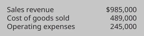 Sales Revenue $985,000, Cost of Goods Sold 489,000, Operating Expenses 245,000.