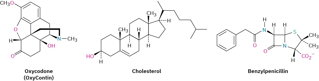 The wedge-dash structures of three different organic compounds.