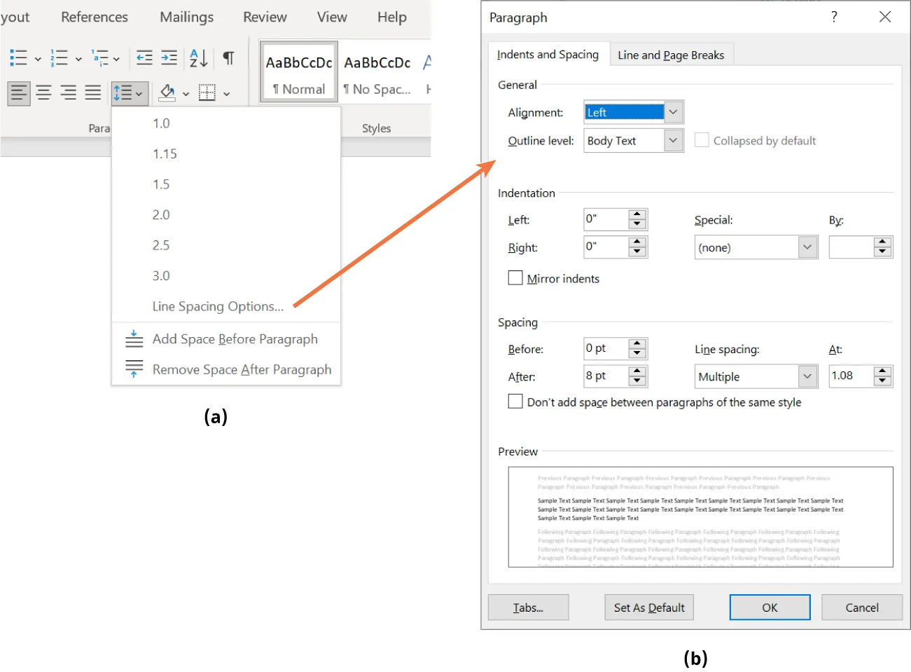 (a) Line and Paragraph spacing is selected listing spacing options (Line Spacing Options selected). (b) Paragraph pane selects Indents and Spacing tab. Various options are displayed for General, Indentation, and Spacing.
