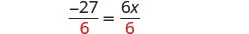 A mathematical equation displaying two fractions set equal to each other: -27/6 = 6x/6. The denominators in both fractions are 6.