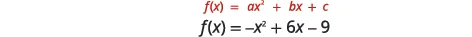 Two mathematical equations are displayed: a general quadratic function f(x) = ax^2 + bx + c, and a specific instance f(x) = -x^2 + 6x - 9.