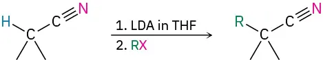 A nitrile reacts with L D A in T H F in the first step and alkyl halide in the second step to yield an alpha alkylated nitrile.
