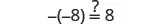 A math problem showing -(-8) = 8 with a question mark, asking to verify the equality.