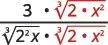 A mathematical expression showing a fraction. The numerator is 3 multiplied by the cube root of 2, then multiplied by x squared. The denominator is the cube root of (2 squared times x), multiplied by the cube root of 2, then multiplied by x squared.