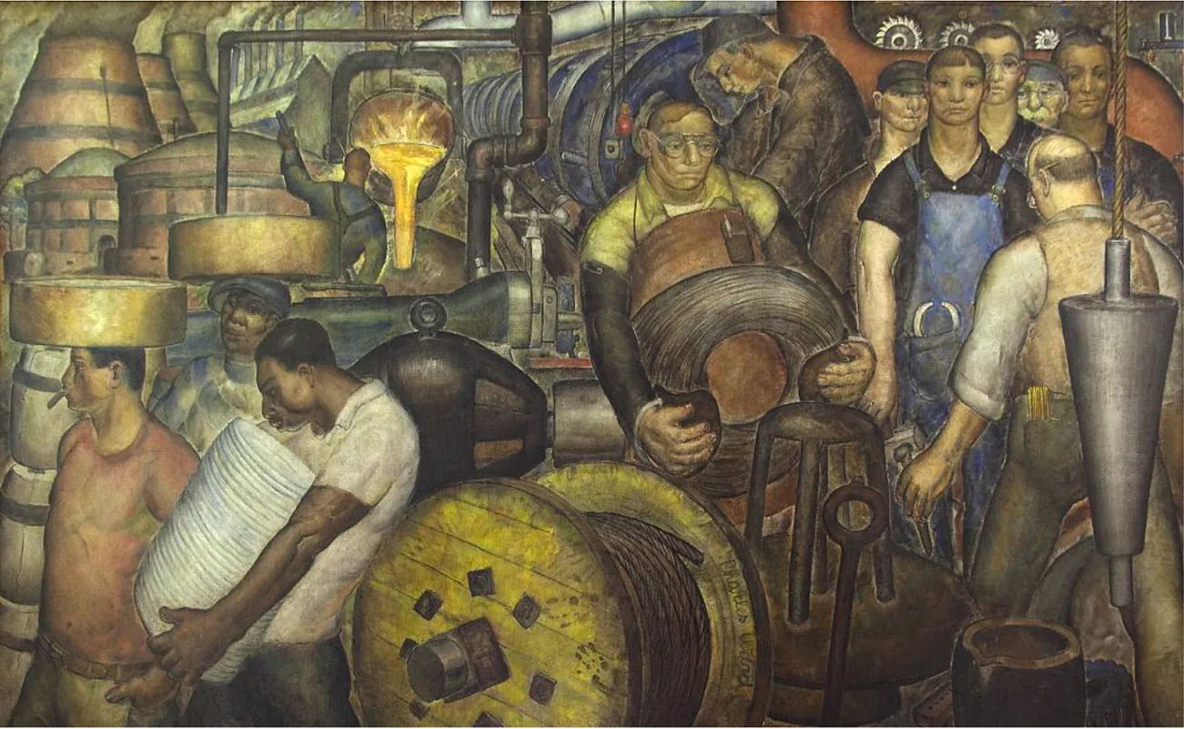 A mural shows a group of male workers engaged in a variety of manufacturing tasks.