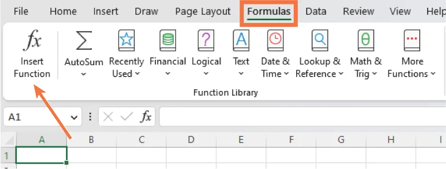 Formulas tab selected. Insert Function button is highlighted on toolbar. Function Library toolbar options: Auto Sum, Recently Used, Financial, Logical, Text, Date & Time, Lookup & Reference, Math & Trig, More Functions.