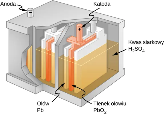 Rysunek przedstawia części komory, włączając anodę, katodę, ołów, tlenek ołowiu i kwas siarkowy. 