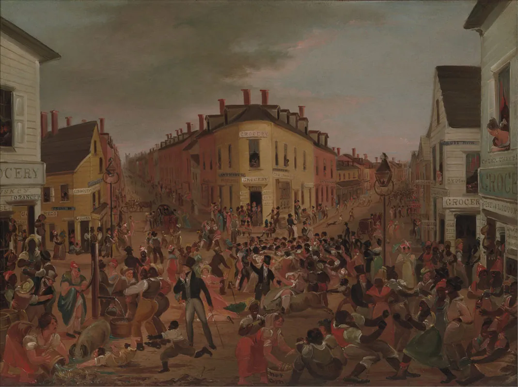 A painting depicts a busy street in the Five Points neighborhood. People of all ages, ethnicities, and social classes swarm in various directions, with buildings and shops in the background.