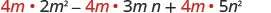 A mathematical expression featuring the algebraic terms 4m multiplied by 2m^2, minus 4m multiplied by 3mn, plus 4m multiplied by 5n^2, illustrating polynomial expansion.