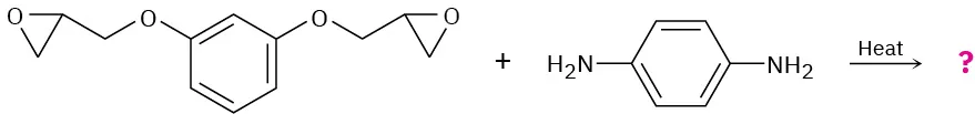 Diepoxide comprises benzene bonded to two O-atoms on both sides. Further bonded to methylene and epoxide ring. It reacts with diamine to give unknown product, shown as a question mark.