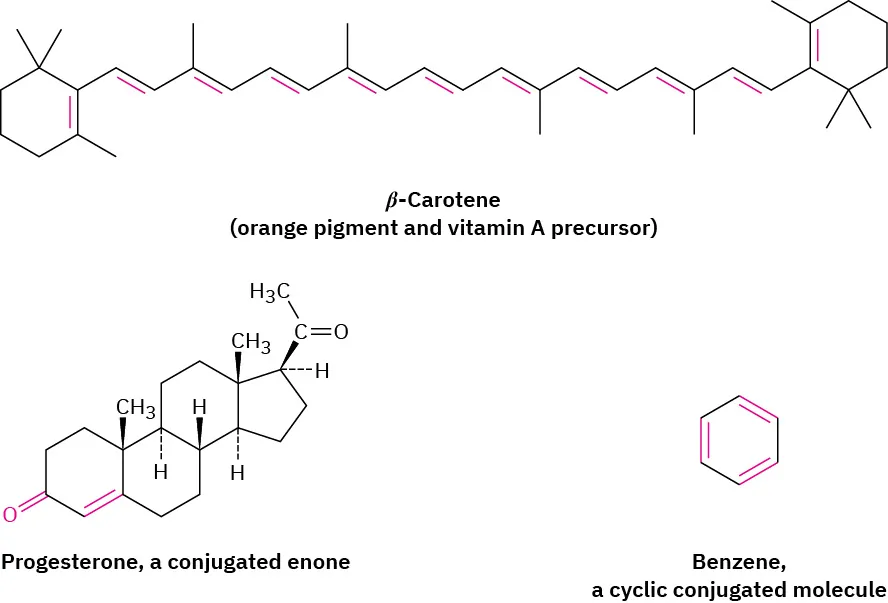 The structures of lycopene, a conjugated polyene, progesterone, a conjugated enone, and benzene, a cyclic conjugated molecule.