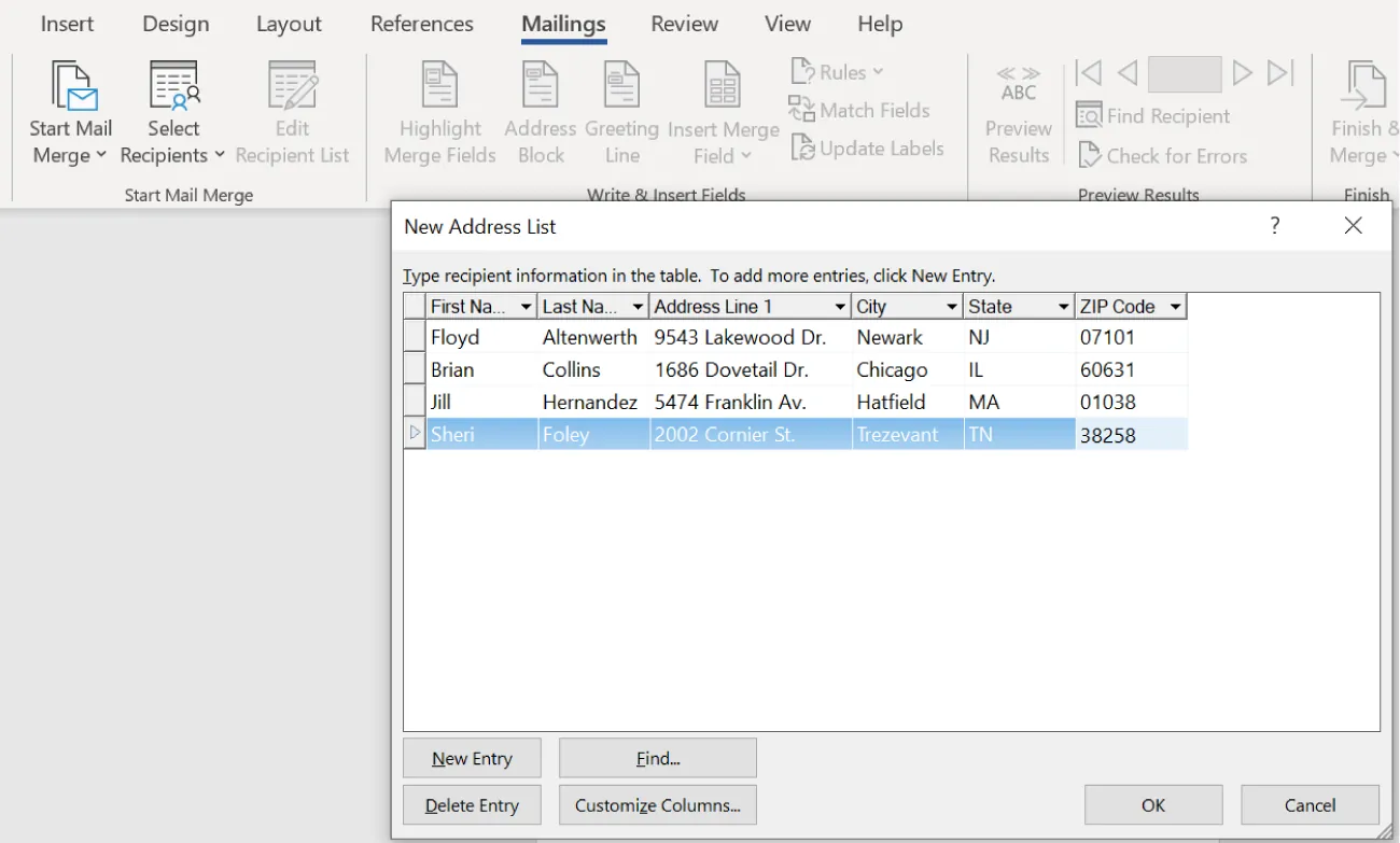 New Address List window reads: Type recipient information in the table. To add more entries, click New Entry. Tabs include First Name, Last Name, Address Line 1, City, State, and ZIP Code.