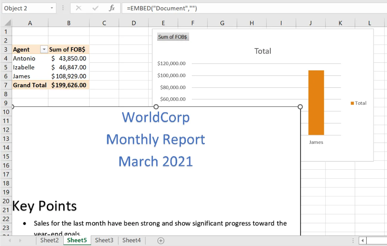 In Excel document, a text memo inserted into cell A10 displays larger than the cell. A table of information and bar chart are visible above the memo. =EMBED(“Document”,””) visible in Formula Bar.