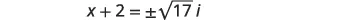 A mathematical equation is displayed, showing 'x + 2 = \u00b1\u221a(17)i'. The equation presents the variable 'x' in a complex number context, indicating solutions involving the imaginary unit 'i'.