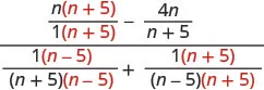 An algebraic expression presented as a complex fraction. The numerator involves the subtraction of two rational terms, and the denominator involves the addition of two rational terms, all featuring the variable 'n'.