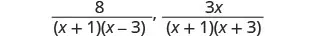 Two algebraic fractions are shown: 8 over (x+1)(x-3) and 3x over (x+1)(x+3).