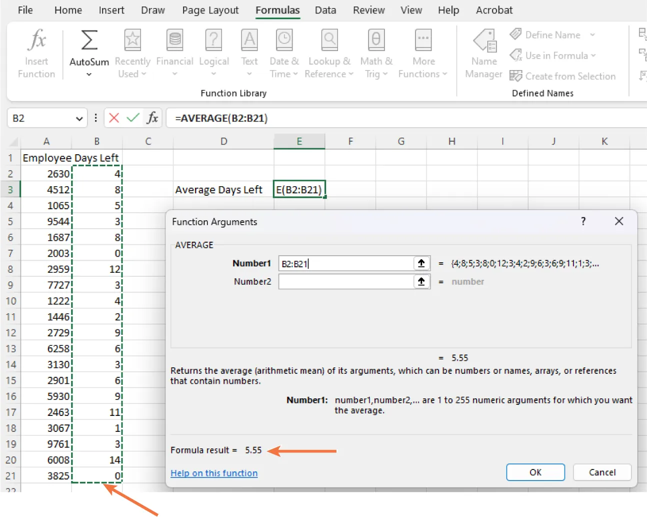 Function Arguments pane displays Formula result = 5.55 at bottom left. Column B is selected in spreadsheet.