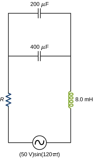 Figure shows a circuit with an AC source of 50 V, sine 120 pi t. This is connected to an inductor of 8 mH, a capacitor of 400 mu F and a resistor R. Another capacitor is connected in parallel with the first one. The value of this is 200 mu F.